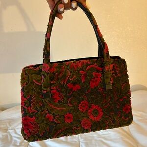 Vintage Forest Green/Deep Pink Velvet Floral Handbag